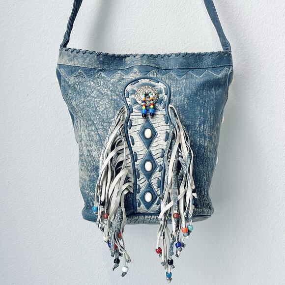 Vintage 90s Leather Fringe Shoulder Bag by VIVA Bags of California Boho Western - Picture 1 of 16